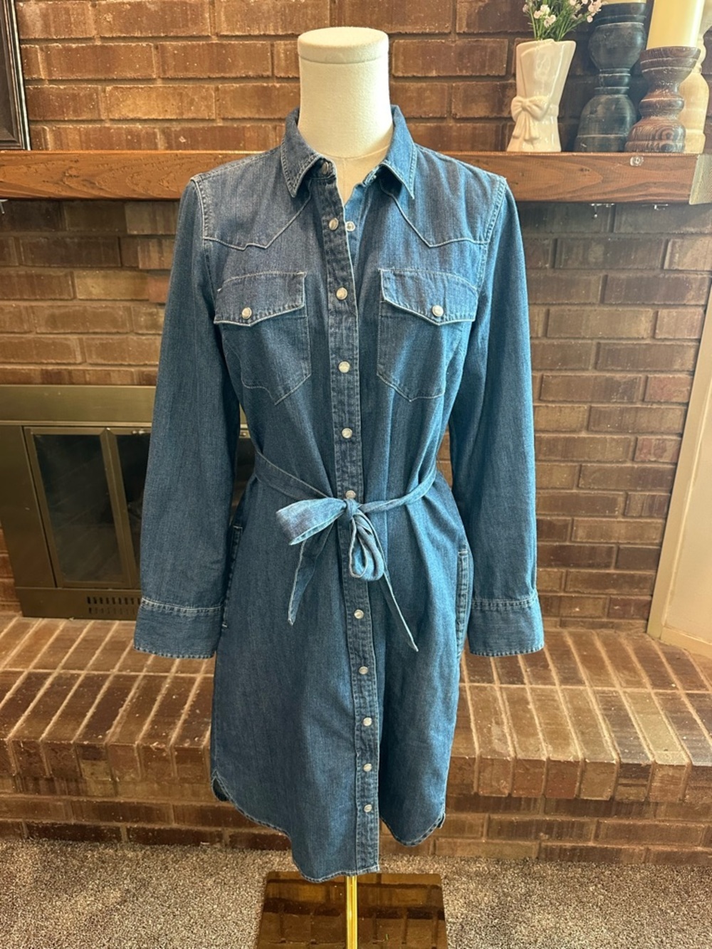 J.Crew Denim Chambray Western Pearl Snap Dress with Belt - Size 6 Boho